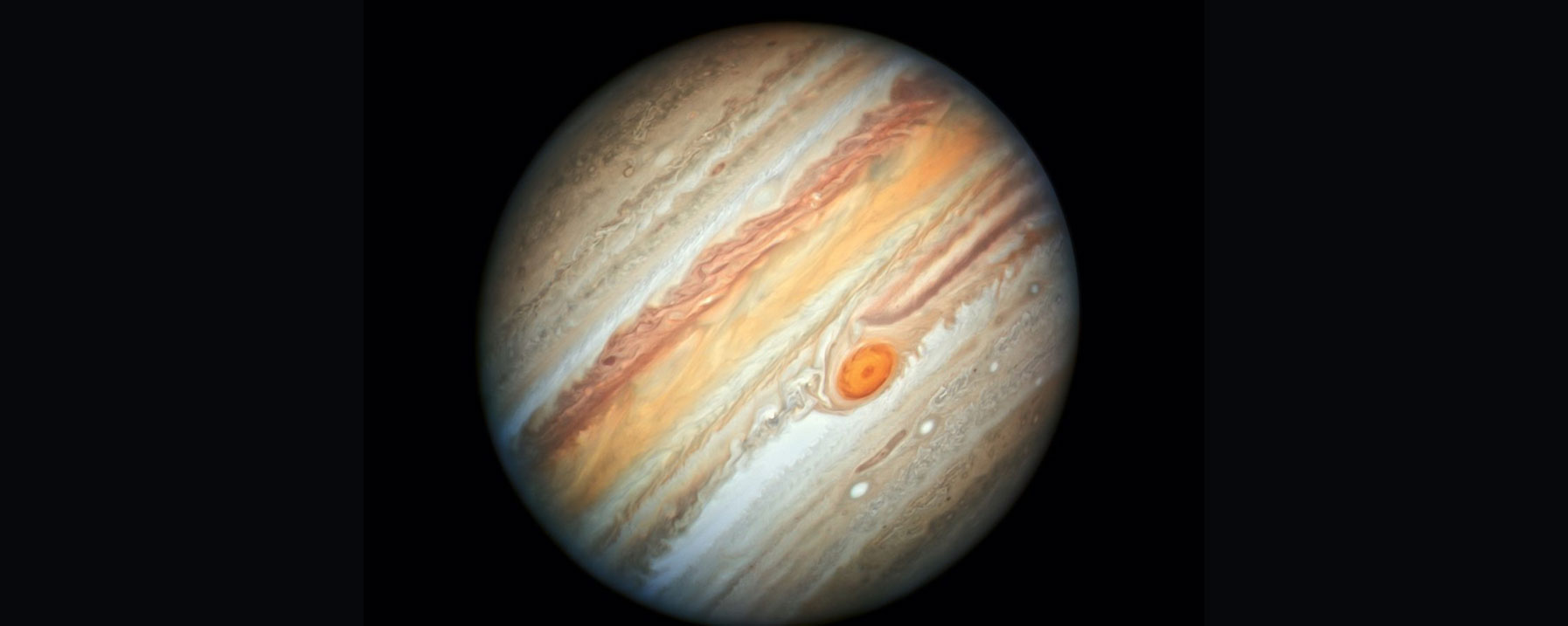 This photo of Jupiter, taken from the Hubble Space Telescope on June 27, 2019, features the Great Red Spot, a storm the size of Earth that has been raging for hundreds of years. 