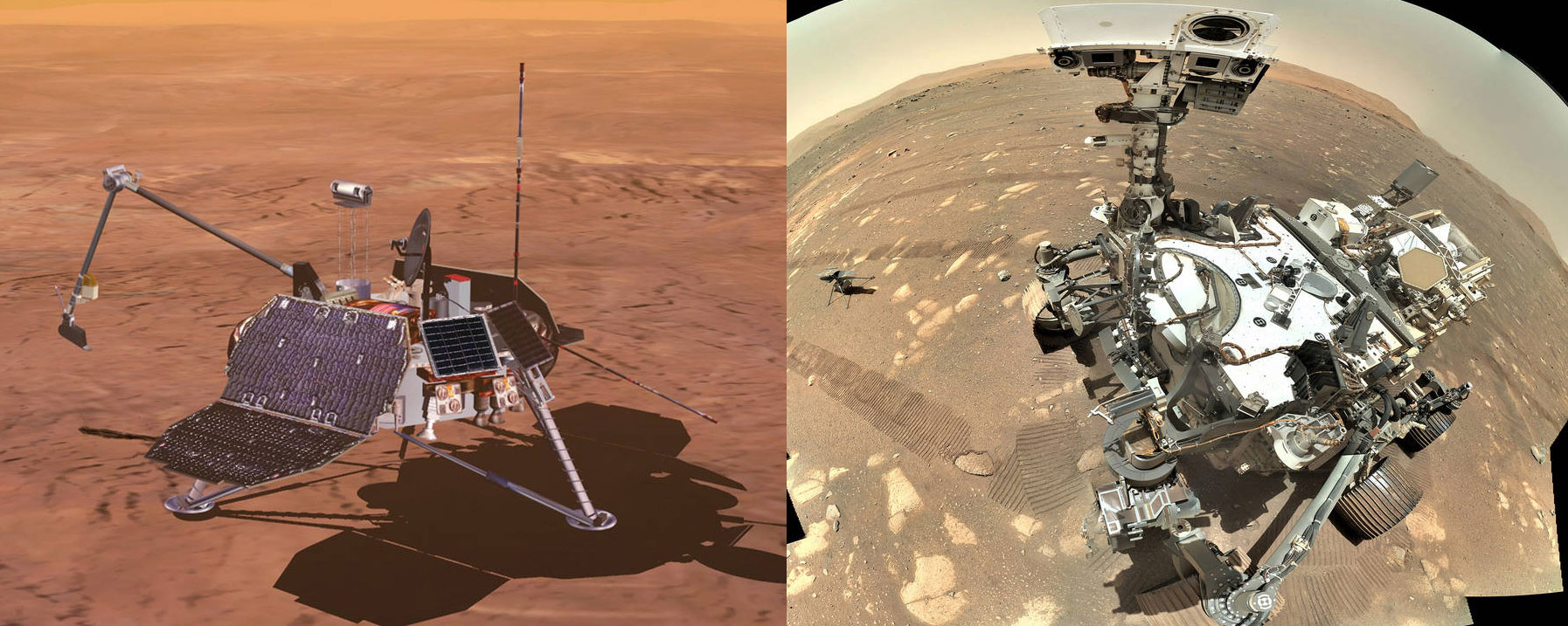 Left: Self-portrait of the Perseverance rover, with the Ingenuity helicopter seen at left shortly after its deployment. Right: During one of its flights, the Ingenuity helicopter imaged Perseverance
