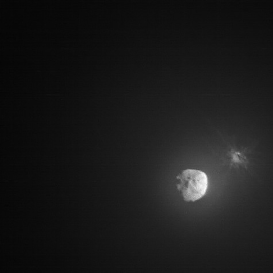 Image captured by the Italian Space Agency’s LICIACube a few minutes after the intentional collision of NASA’s Double Asteroid Redirection Test (DART) mission with its target asteroid, Dimorphos, captured on Sept. 26, 2022. 