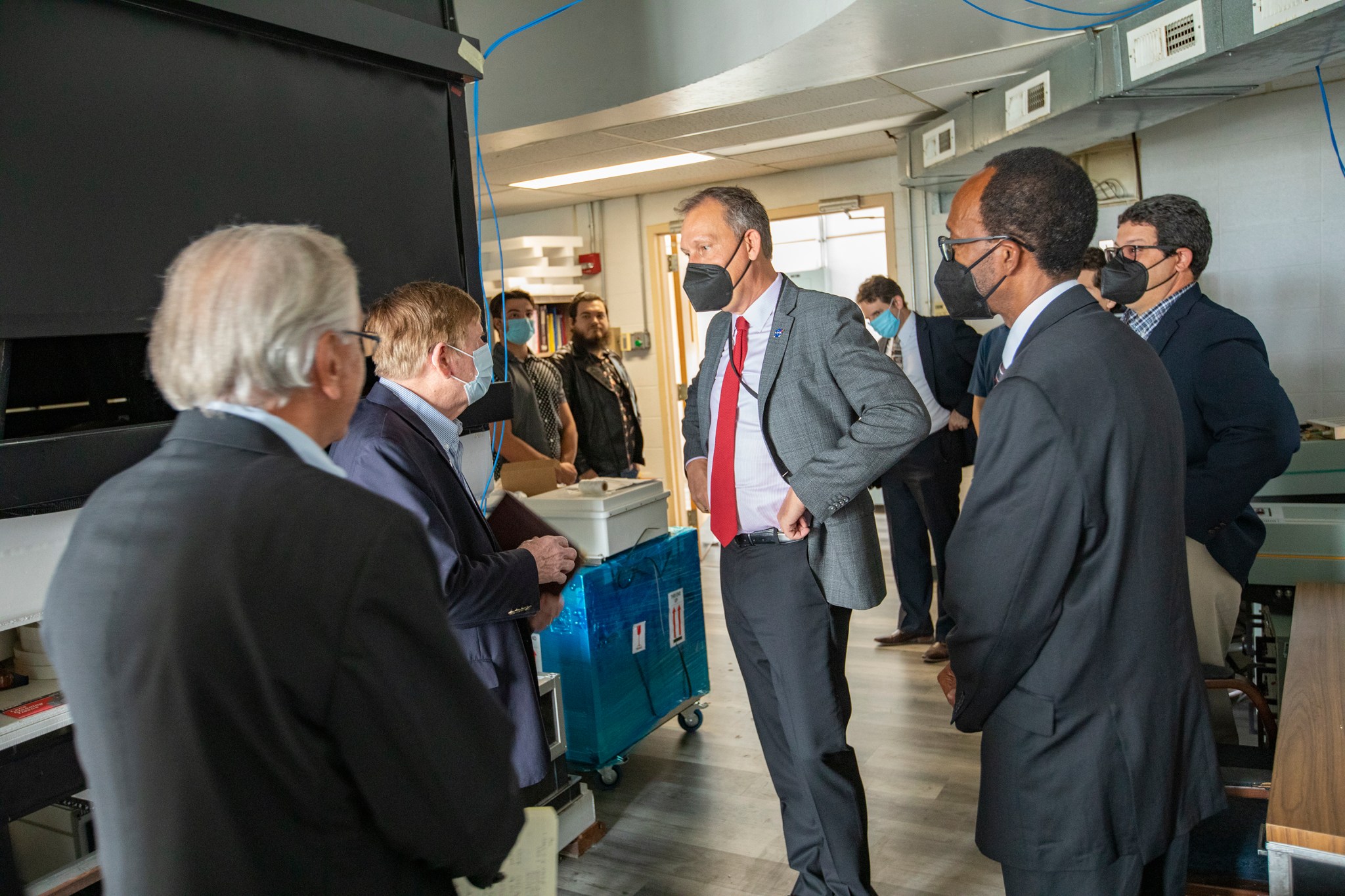 Dr. Zurbuchen and Langley Center Director Clayton Turner, picture here to the right of Dr. Zurbuchen, also visited with members of Hampton University's Center for Atmospheric Sciences.