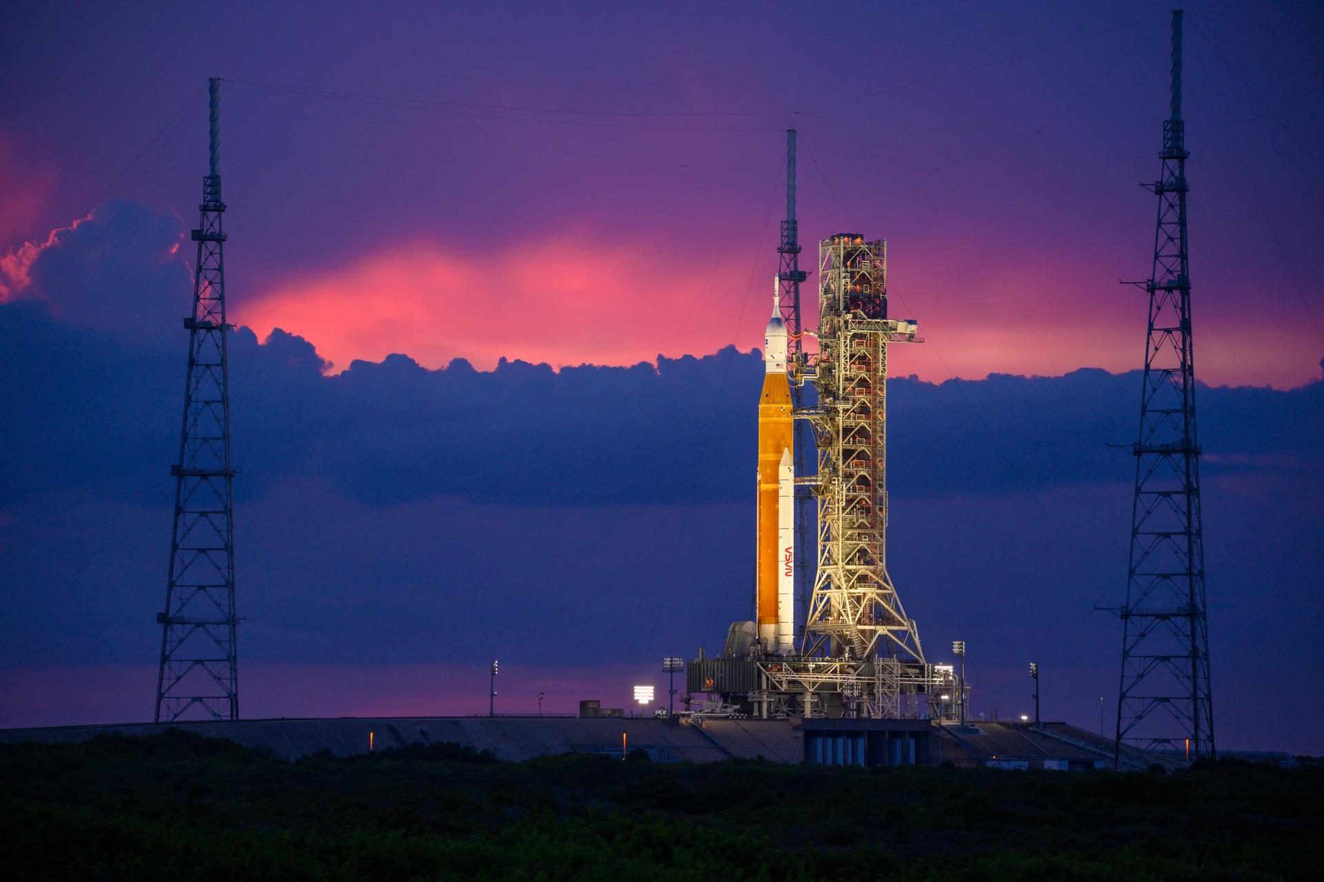 NASA’s Space Launch System (SLS) rocket with the Orion spacecraft aboard is seen atop the mobile launcher at Launch 39B at NASA’s Kennedy Space Center in Florida. 