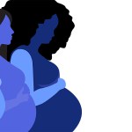 Three pregnant women drawn in shades of blue.