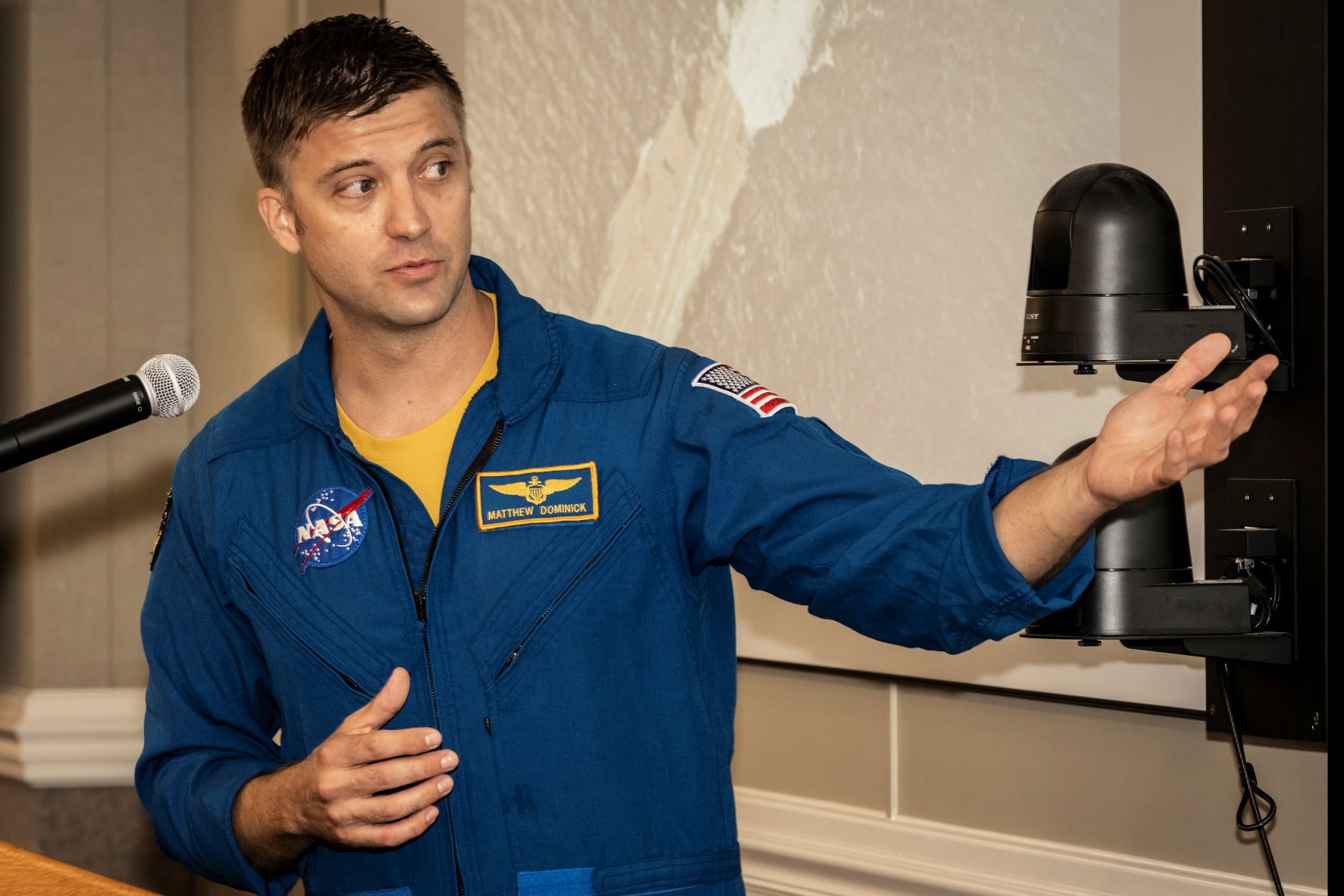 NASA astronaut Matthew Dominick shares stories from his days flying fighter aircraft as a Navy pilot during his keynote address Sept. 20 as part of Marshall Space Flight Center’s annual Safety Day. 