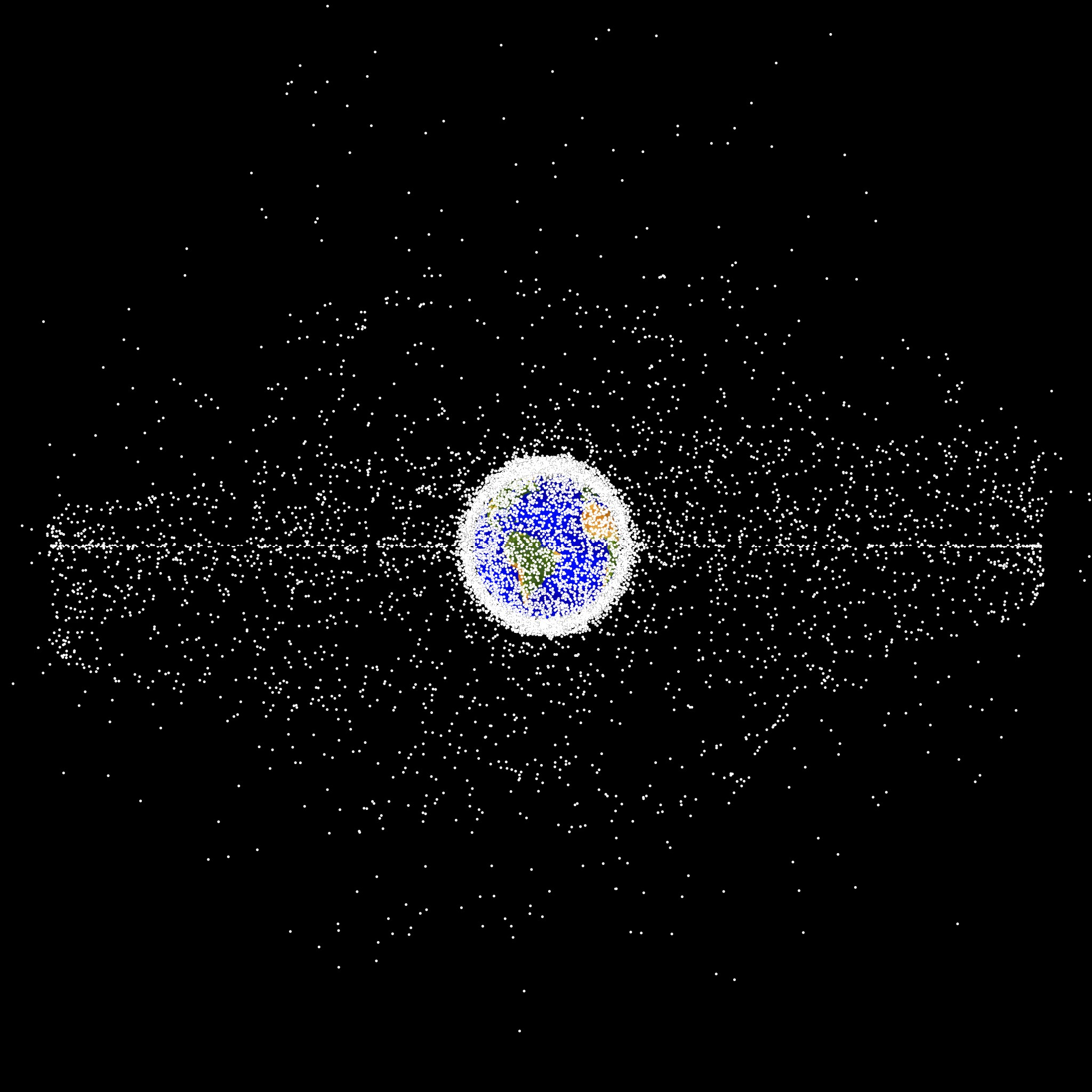 Simulation of orbital debris around Earth demonstrating the object population in the geosynchronous region. 