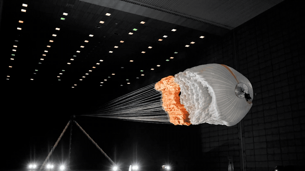 A Mars-type parachute, similar to the one installed on the Mars 2020 spacecraft, is tested in a wind tunnel