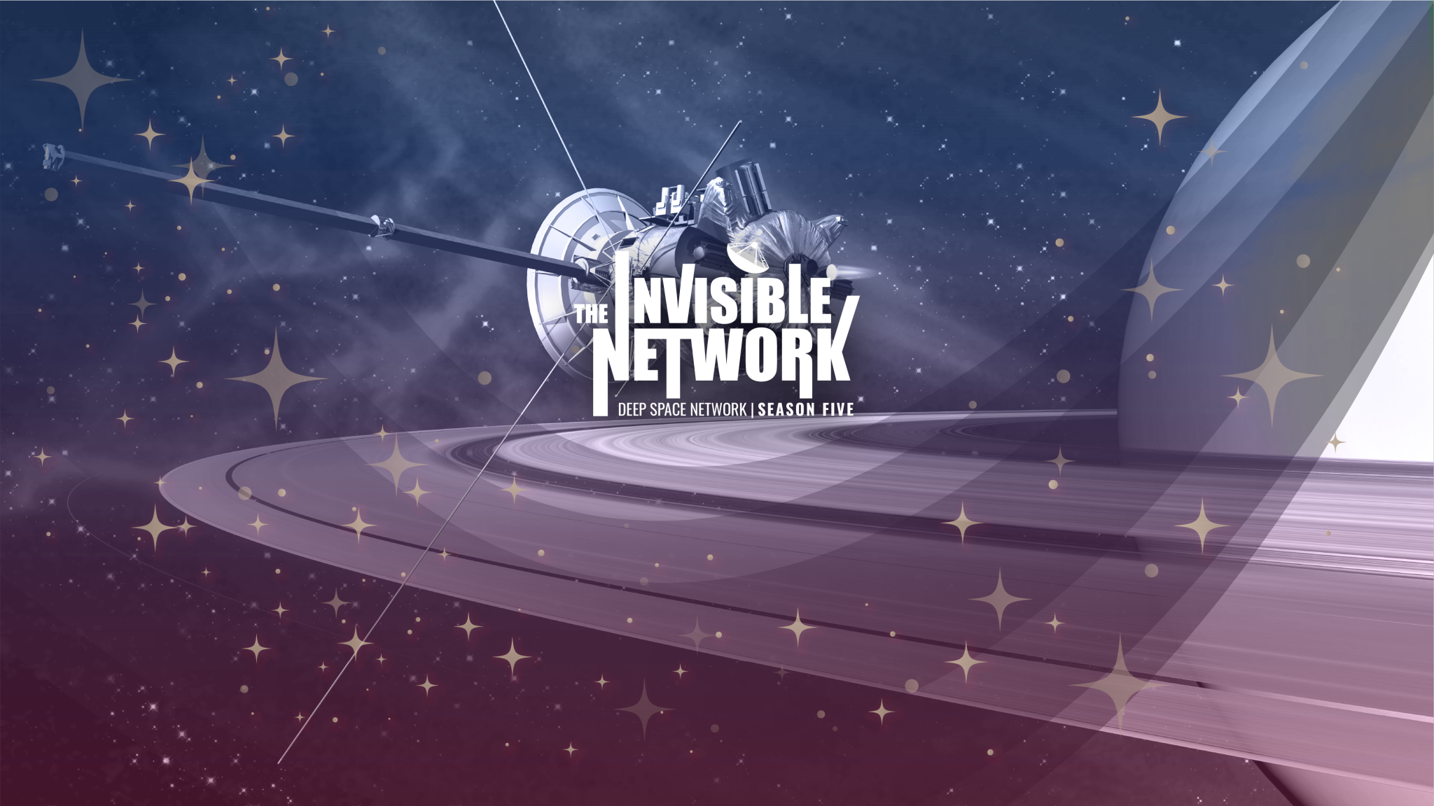 Artists Conception of Cassini Saturn orbit insertion overlaid with elements from The Invisible Network podcast promotional graphics.