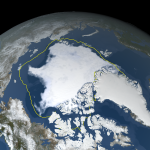 A data visualization of sea ice extent in the Arctic, which reaches just out from the pole, to Greenland and reaching no other landmasses. A yellow line indicates the 1981-2010 average sea ice minimum extent. It extends considerably farther out than the current ice.
