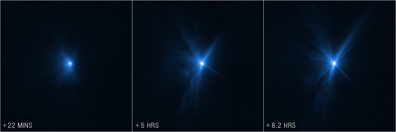 Three blue-hued, side-by-side views from Hubble showing Didymos-Dimorphos asteroid system after DART impact. A bright, white-blue center and streaks of darker blue emanating outward, with the streaks growing in length across the three images