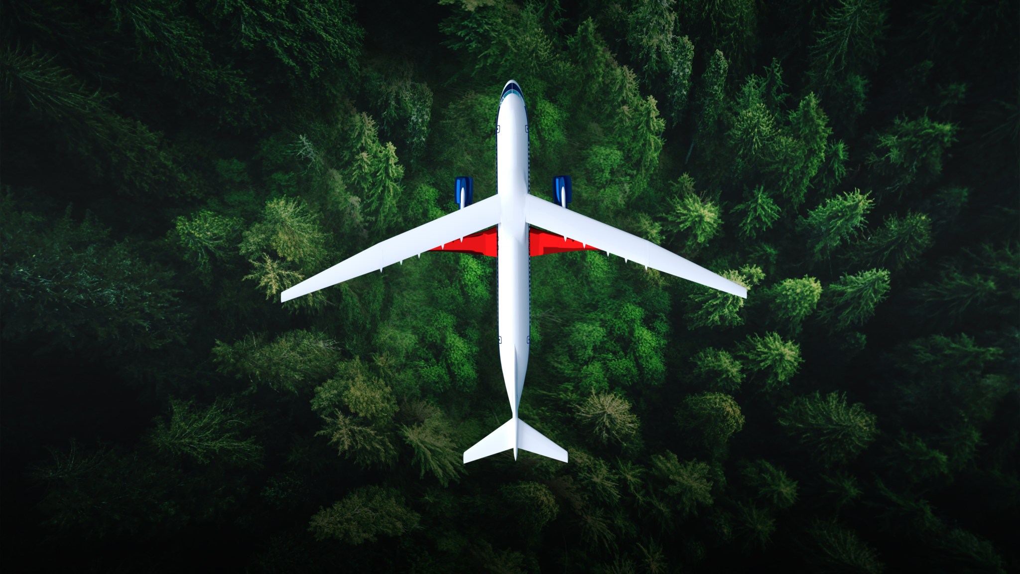 Artist illustration of an aerial view of the Transonic Truss-Braced Wing aircraft in flight above a forest of green trees.
