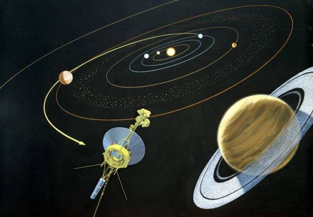 1975 artwork showing the path of the Voyager_1 spacecraft from Earth and approaching Saturn.