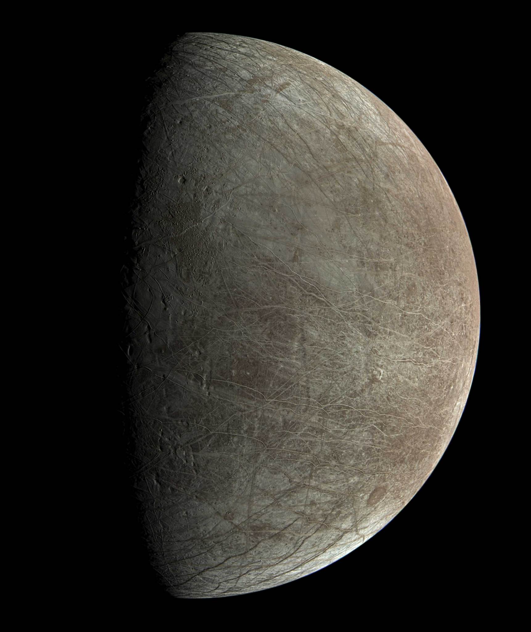 This view of Jovian moon Europa was created by processing an image JunoCam captured during Juno’s close flyby on Sept. 29.