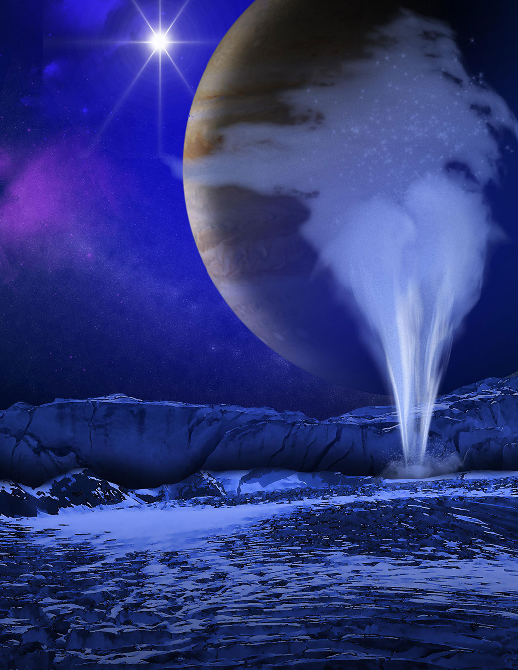 Artist's concept of a plume of water vapor thought to be ejected off the frigid, icy surface of the Jovian moon Europa