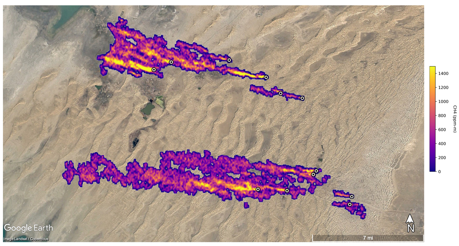 East of Hazar, Turkmenistan, a port city on the Caspian Sea, 12 plumes of methane stream westward.