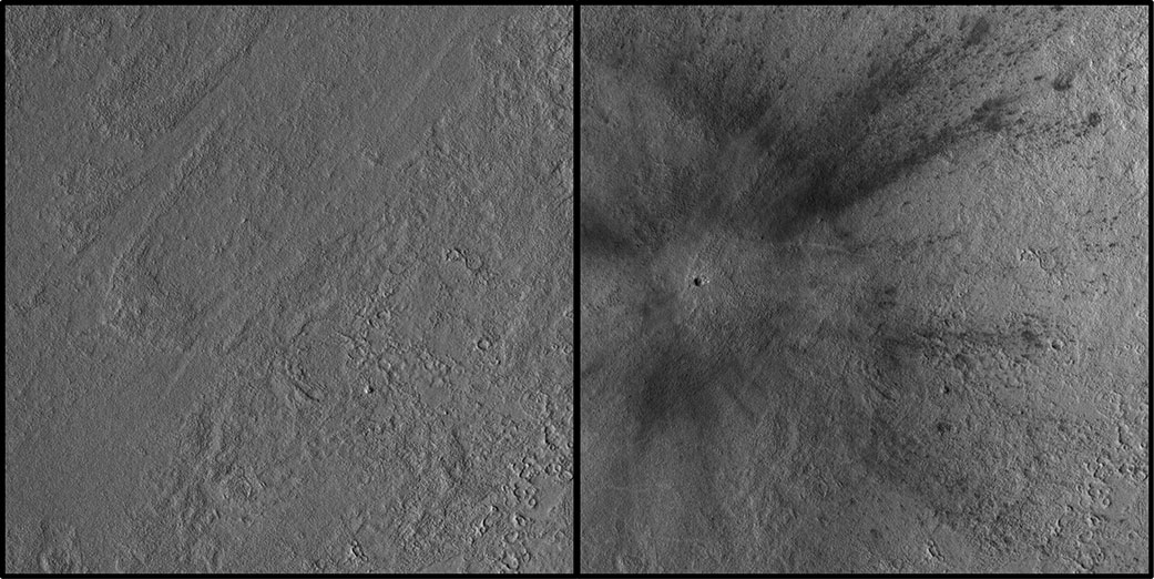 This meteoroid impact crater on Mars was discovered using the black-and-white Context Camera aboard NASA’s Mars Reconnaissance Orbiter