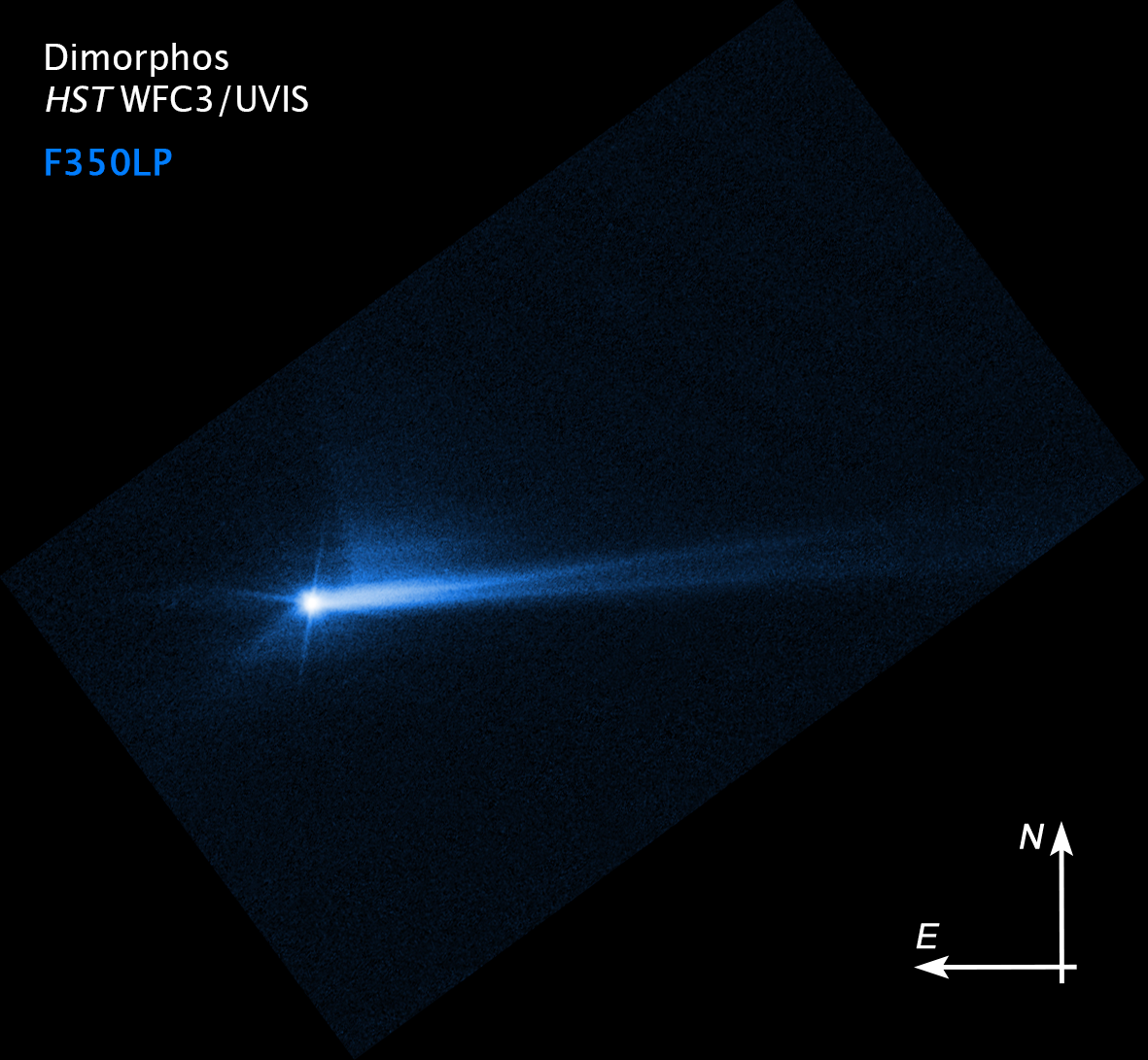 This imagery from NASA’s Hubble Space Telescope from Oct. 8, 2022, shows the debris blasted from the surface of Dimorphos 285 hours after the asteroid was intentionally impacted by NASA’s DART spacecraft on Sept. 26. 