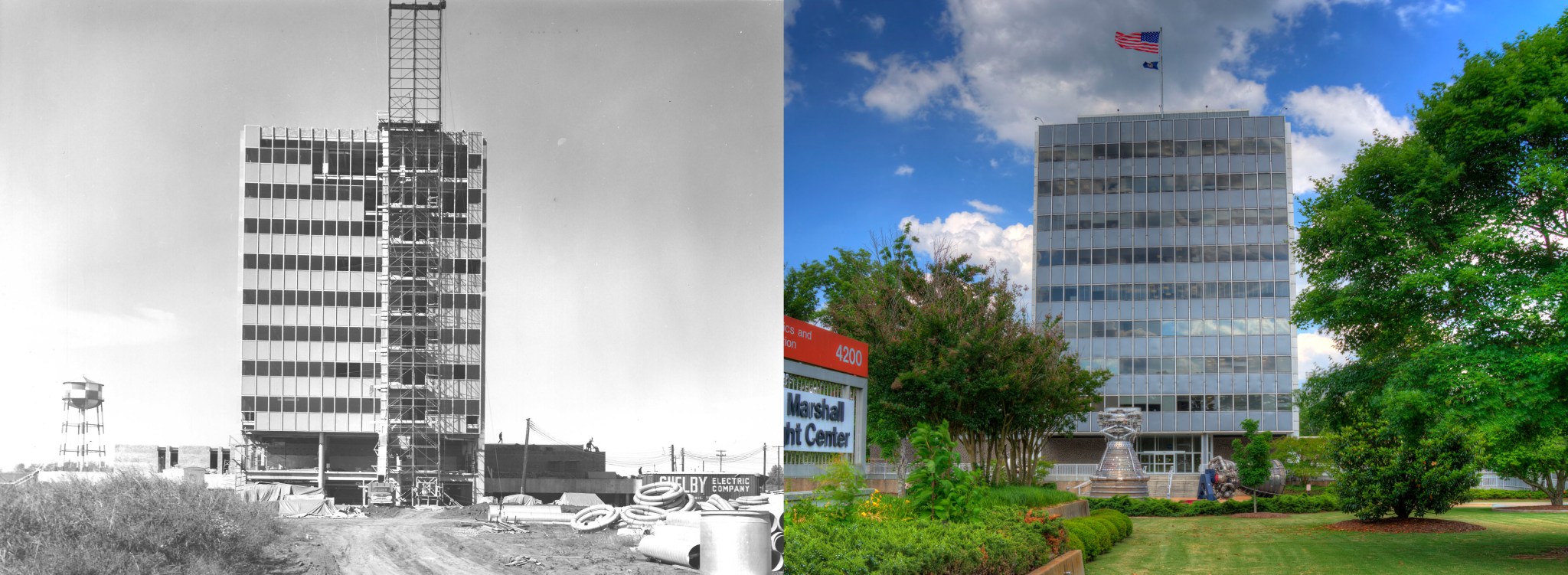 At left, contractors work to erect Building 4200, the Marshall administrative headquarters, in 1962. At right, Building 4200 awaits its Oct. 29 demolition.