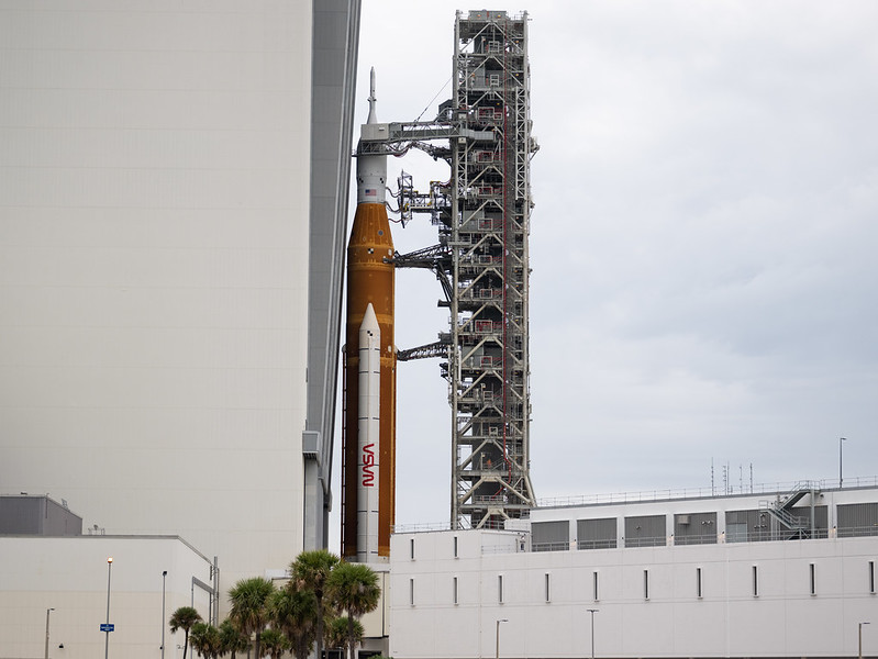 NASA’s Space Launch System (SLS) rocket as it is rolled back to the Vehicle Assembly Building on Sept. 27 due to Hurricane Ian. 