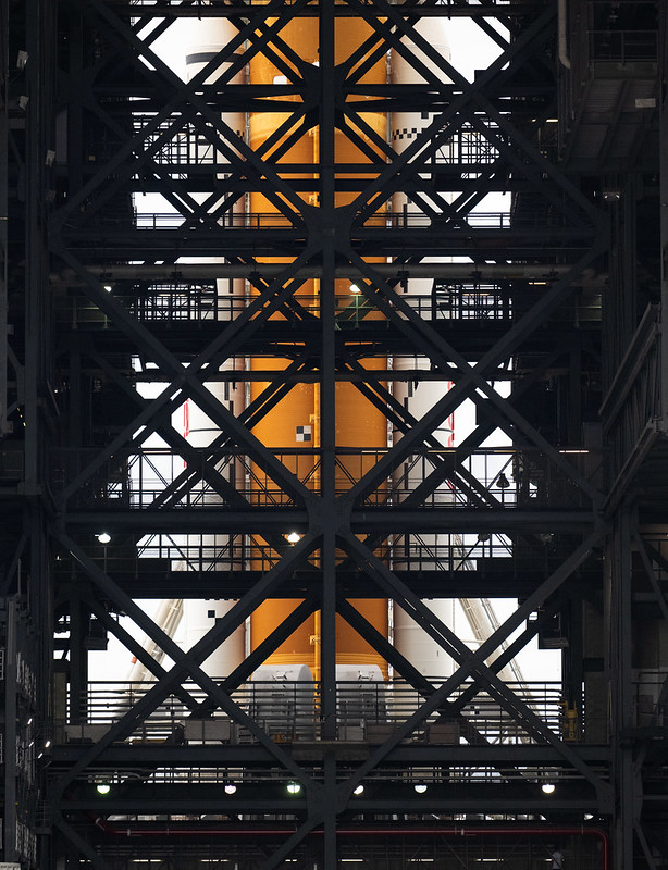 NASA’s Space Launch System (SLS) rocket with the Orion spacecraft aboard is seen atop the mobile launcher.