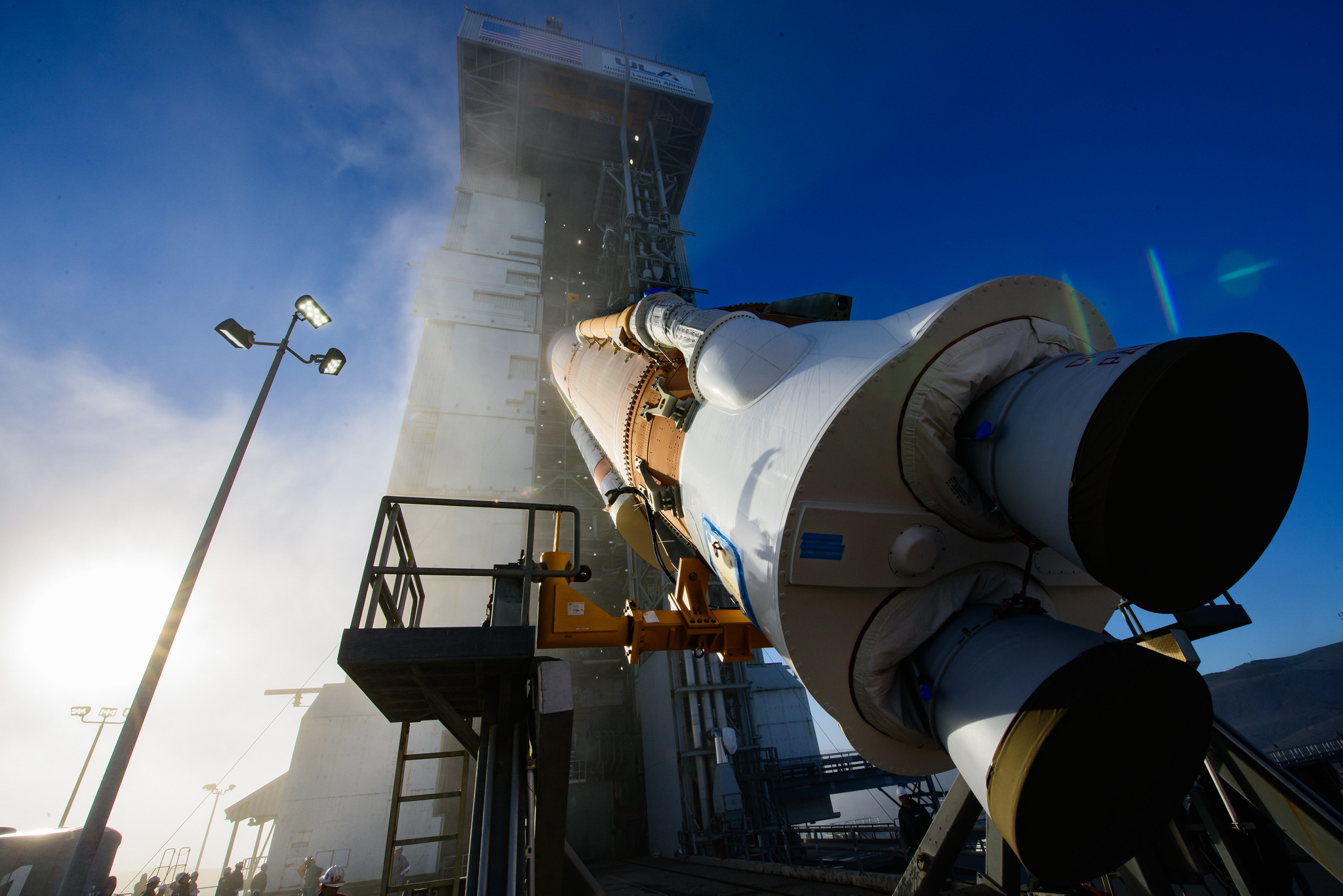 At Vandenberg Space Force Base in California, teams hoist the United Launch Alliance Atlas V rocket for the NOAA and NASA’s Joint Polar Satellite System-2 mission into a vertical position in preparation on Sept. 28, 2022.