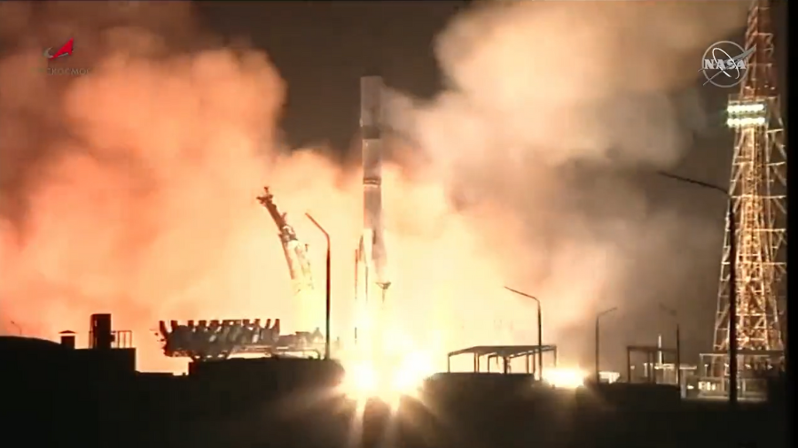The Progress 82 cargo craft lifted off at 8:20 p.m. EDT on a Soyuz rocket from the Baikonur Cosmodrome in Kazakhstan. Credit: Roscosmos/NASA TV.