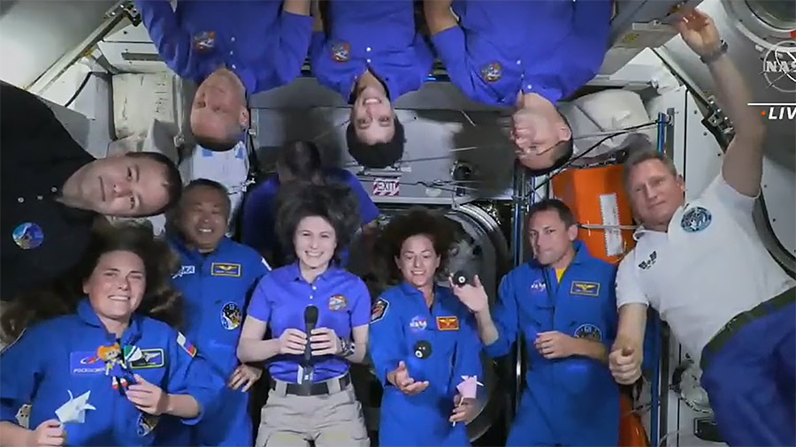 The Expedition 68 crew gathers in the Harmony module to welcome the four SpaceX Crew-5 members aboard the space station: Credit: NASA TV