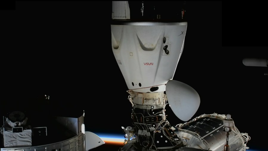 The SpaceX Dragon Freedom crew ship is pictured docked to the Harmony module's space-facing port where it been parked since April 27, 2022. Credit: NASA TV