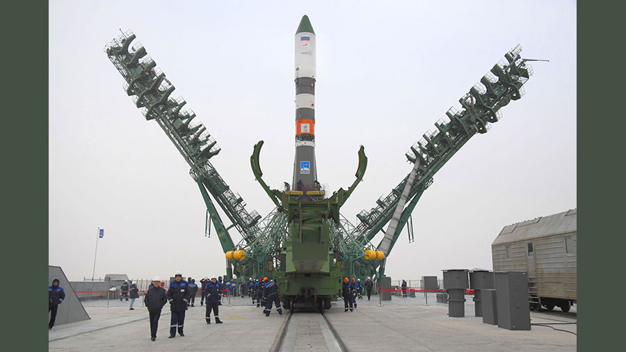 The Progress 82 cargo craft stands atop its rocket at the Baikonur Cosmodrome launch pad in Kazakhstan during pre-launch processing. Credit: RSC/Energia