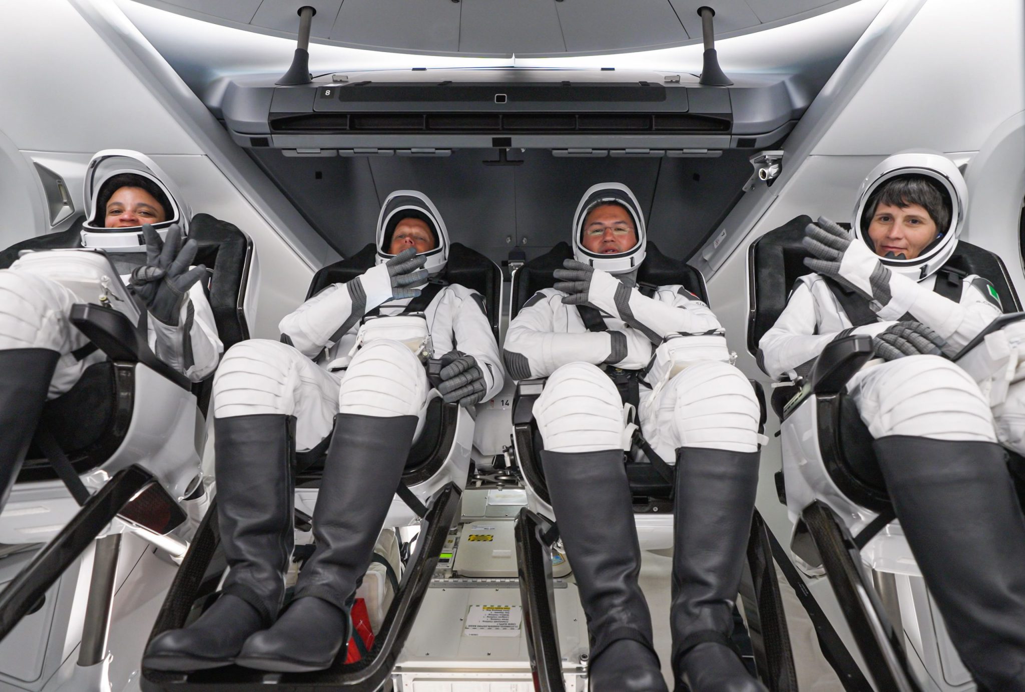 The SpaceX Crew-4 astronauts are seated inside the Dragon Freedom crew ship before their launch atop the Falcon 9 rocket.