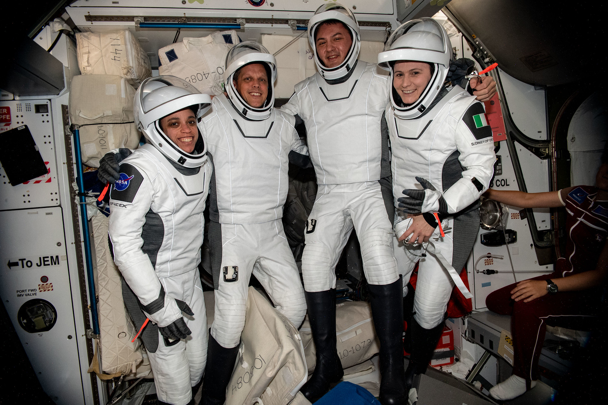 The SpaceX Crew-4 astronauts pose for a portrait in their pressure suits before boarding the Dragon Freedom crew ship, undocking from the International Space Station, and returning to Earth completing a 170-day space research mission.
