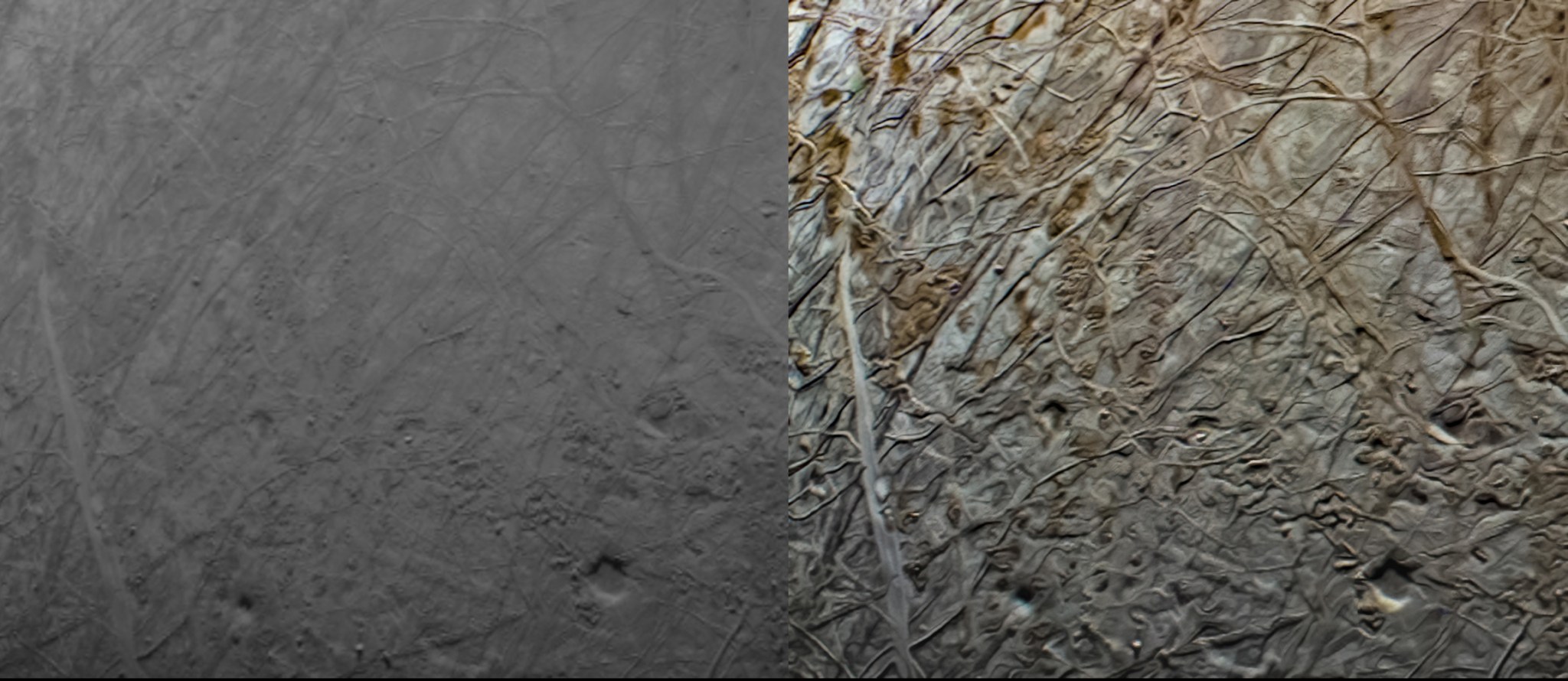 This pair of images shows the same portion of Europa as captured by the Juno spacecraft’s JunoCam during the mission’s Sept. 29 close flyby. 