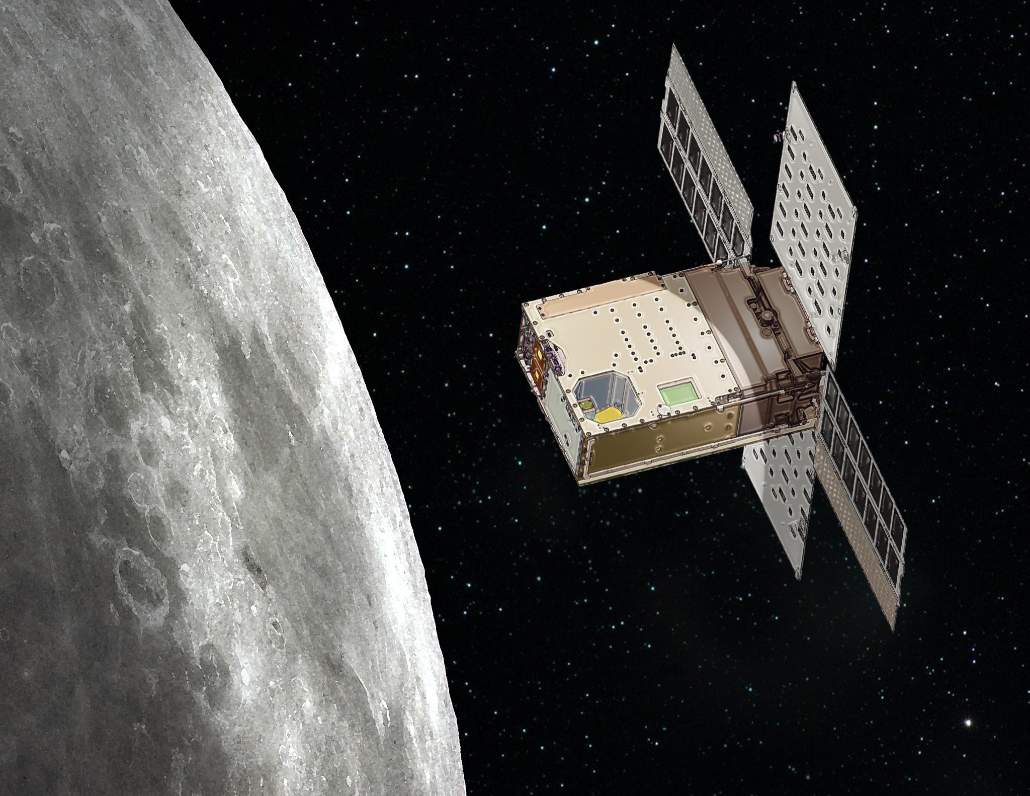 This illustration shows NASA’s Lunar Flashlight over the Moon. The SmallSat mission will have a very elongated orbit, taking it within 9 miles (15 kilometers) above the lunar South Pole to search for water ice in the Moon’s darkest craters.