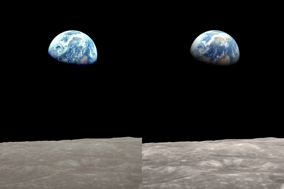 Side-by-side images of the Earth as seen from the Moon, partially in shadow with the lunar surface visible in foreground. One is a photo, one a visualization.