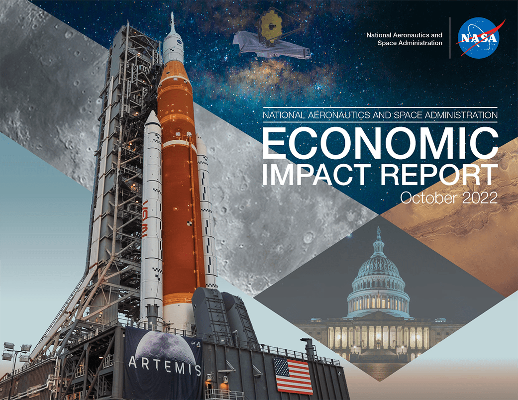 NASA's fiscal year 2021 Economic Impact Report cover page with image of the Capitol, James Webb Space Telescope and Artemis I.