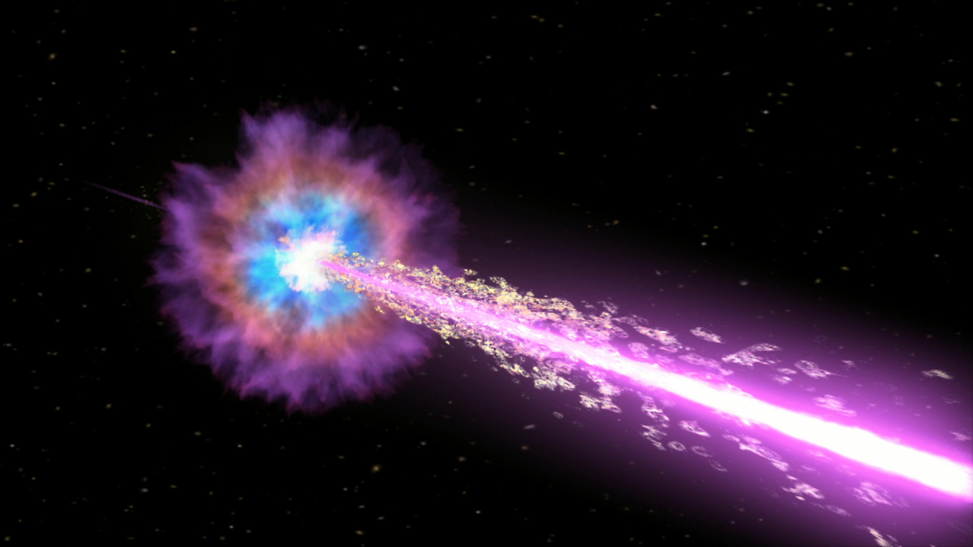 A purple ray of light streams into space.