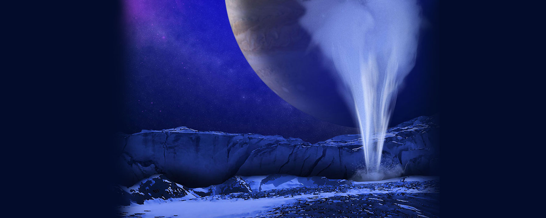 This illustration depicts a plume of water vapor that could potentially be emitted from the icy surface of Jupiter’s moon Europa. New research sheds light on what plumes, if they do exist, could reveal about lakes that may be inside the moon’s crust.