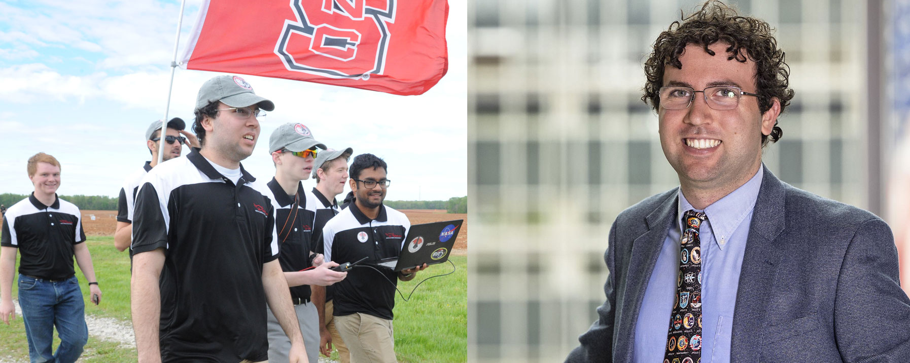 A group of college men walking in a grassy field lead by John Inverness on the left with a photo of John as an adult in a jacket and tie.