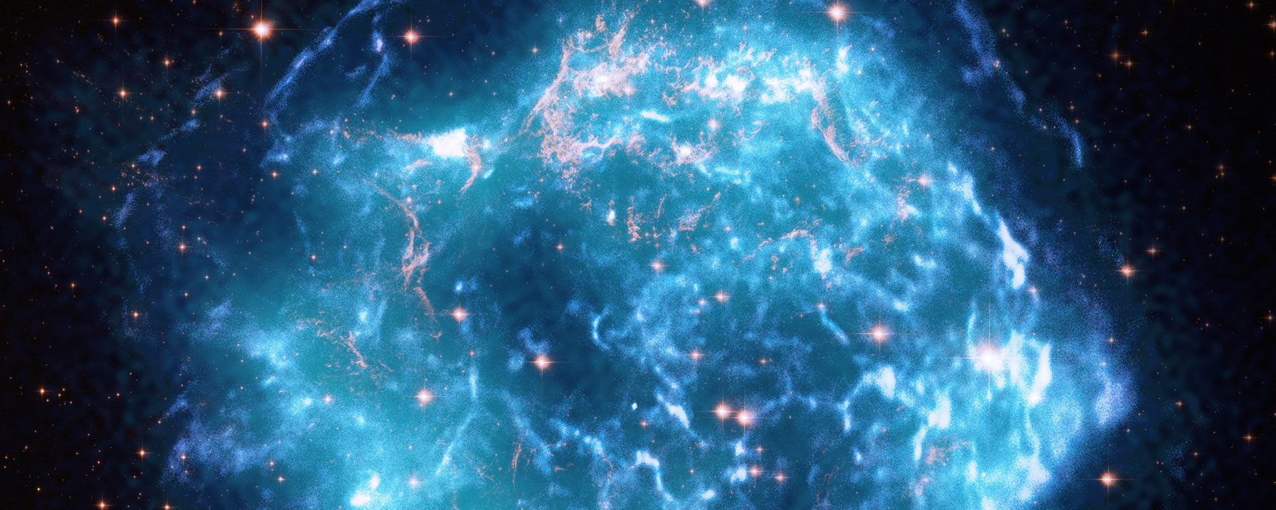 Composite images of the Cas A supernova remnant. The blues represent data from the Chandra Observatory, the turquoise is from NASA's Imaging X-ray Polarimetry Explorer (called IXPE), and the gold is courtesy of the Hubble Telescope.