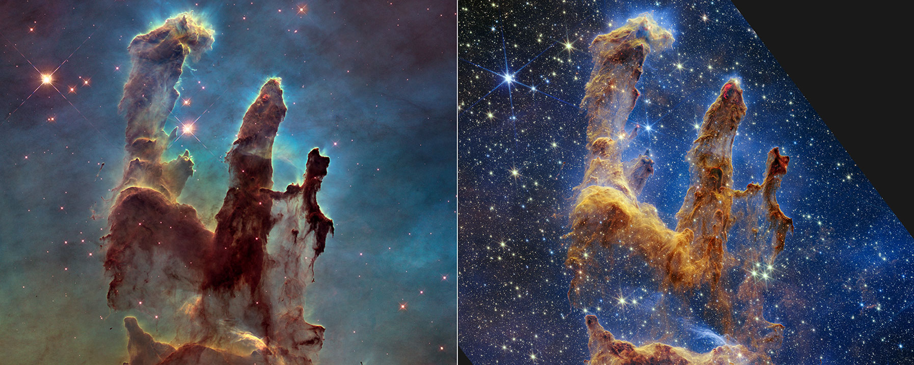 Side by side images of the Pillars of Content as photographed by Hubble and James Webb Telescopes