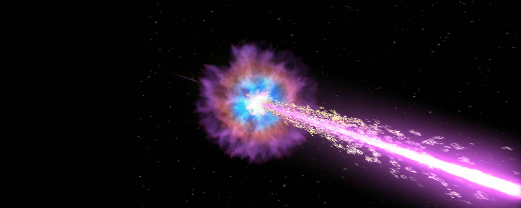 In this illustration, the black hole drives powerful jets of particles traveling near the speed of light. The jets pierce through the star, emitting X-rays and gamma rays as they stream into space.