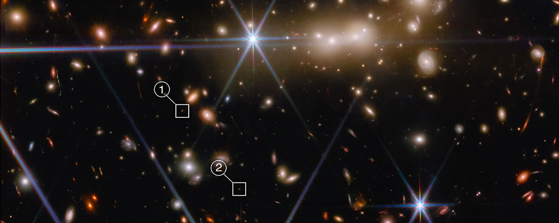 The massive gravity of galaxy cluster MACS0647 acts as a cosmic lens to bend and magnify light from the more distant MACS0647-JD system. 