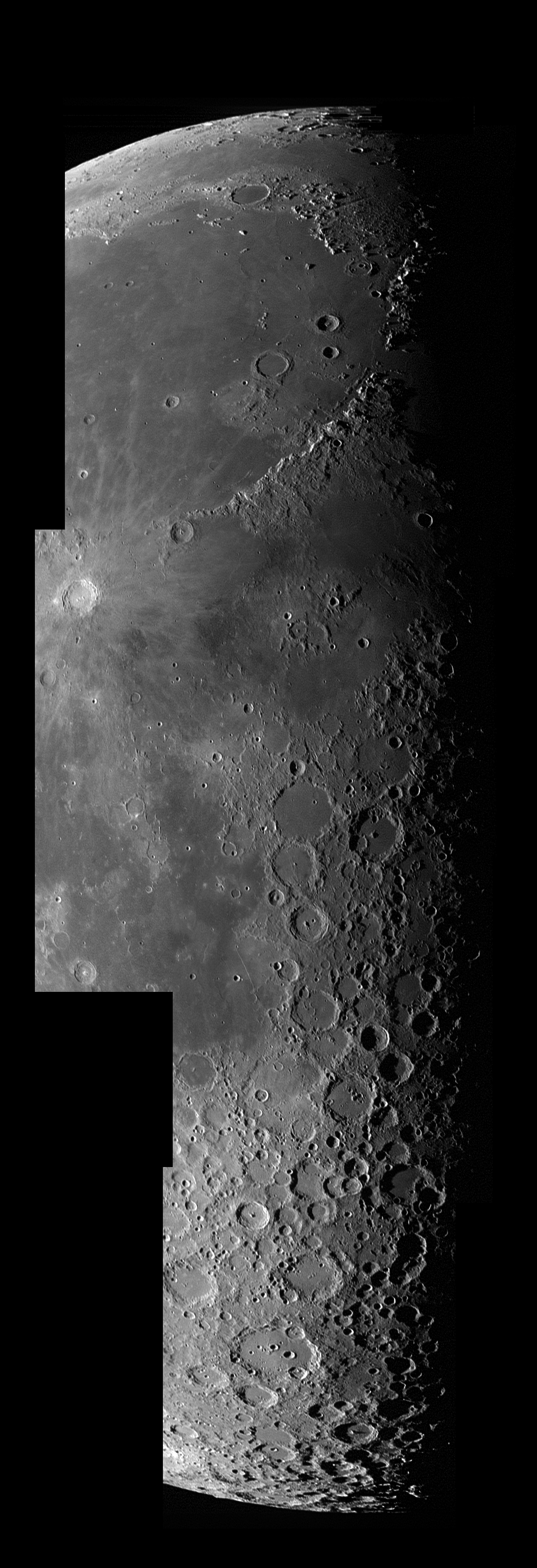 A mosaic of three images showing a strip of the Moon's surface. The bottom is peppered with craters and it fades to smooth gray at the top.