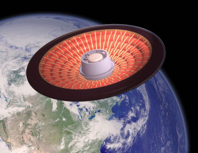 Illustration of a orange disk-like structure in the center, with the Earth in the background. Clouds are swirling above land and ocean.