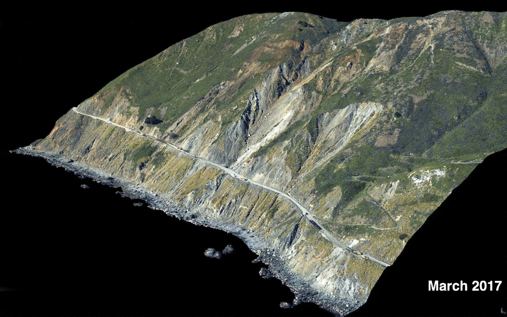 This series of images shows the collapse of the Mud Creek landslide