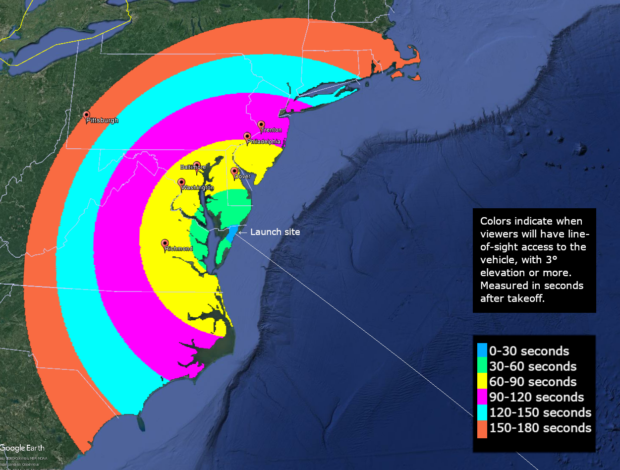 Map of the Mid-Atlantic region. The land is green and the ocean is dark blue. Visibility area for viewers with a line-of-sight 150-180 seconds after launch is an orange semi-circle reaching from Massachusetts through Pennsylvania and to South Carolina. Visibility from 120-150 seconds is indicated by an aqua semi-circle from Connecticut to North Carolina. Visibility from 90-120 seconds is indicated by a bright pink semi-circle from New Jersey to the northern part of North Carolina. Visibility from 60-90 seconds is indicated by a bright yellow semi-circle from Pennsylvania to Virginia. Cities pinned inside this semi-circle are Richmond, Washington, Dover, Baltimore, and Philadelphia. There is a smaller, bright green semi-circle on the coast between Richmond and Dover that indicates line-of-sight viewing from 30-60 seconds after launch. Innermost part of the semi-circle is blue and labeled the “launch site.” 