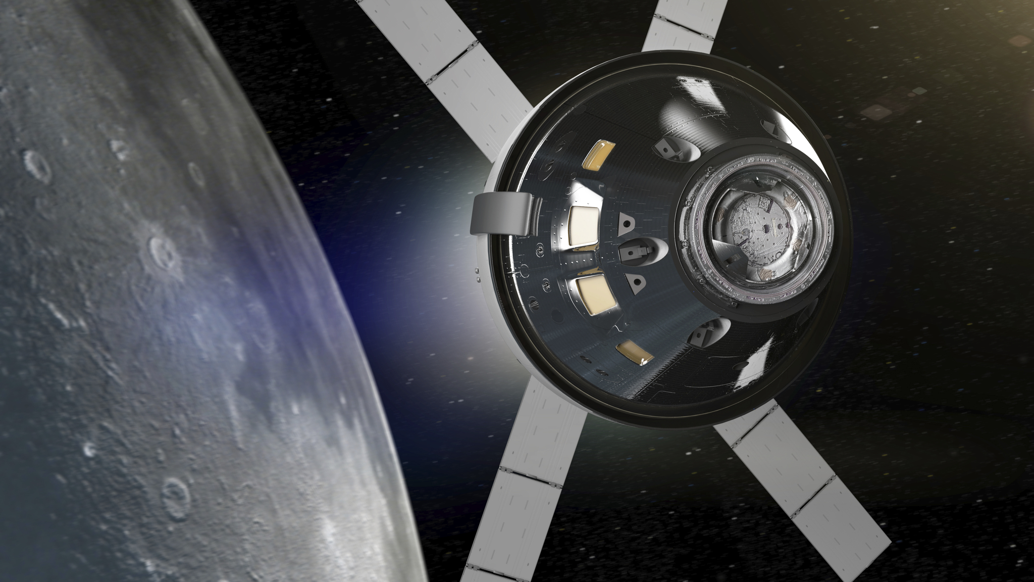 An illustration depicts a black starry background with the Moon shown partially in left corner. The Orion capsule moves toward viewer with four extended solar panels.