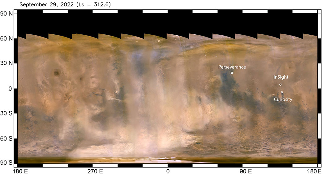 Beige clouds seen in this global map of Mars