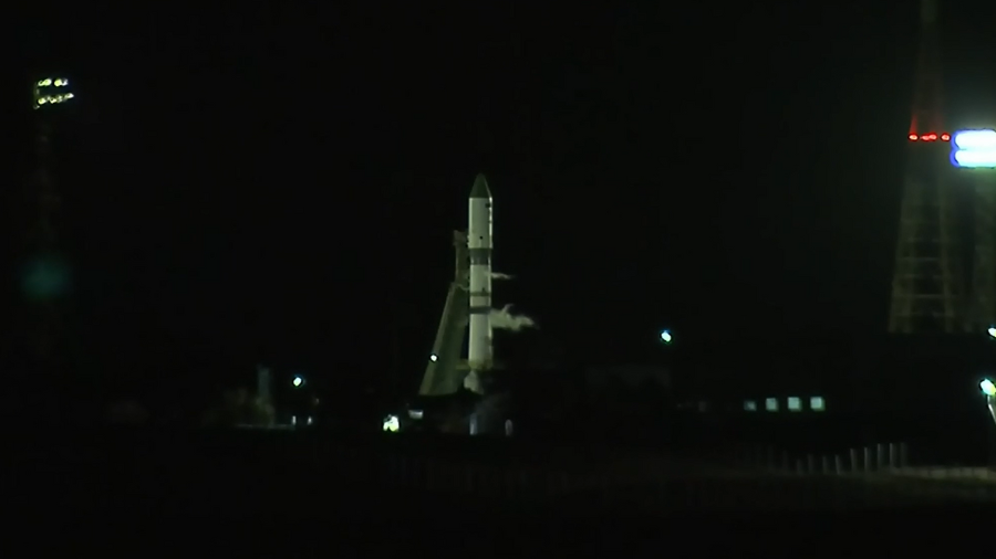 The Progress 82 cargo craft is seen on the launchpad at Baikonur Cosmodrome in Kazakhstan.