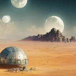Artist rendering of a habitat on the surface of an unknown planet with a mountain and 3 other unknown planets in the background.