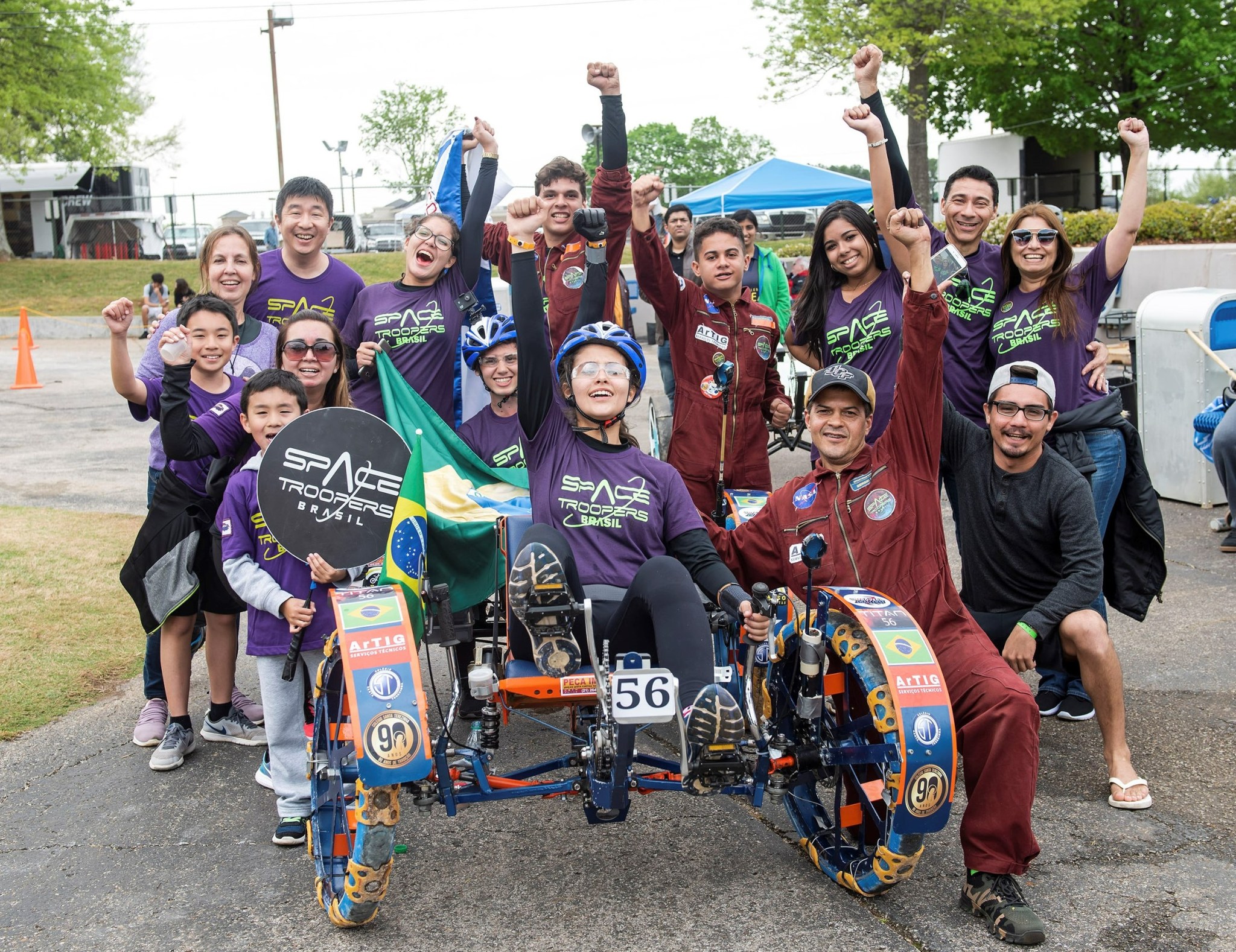 The student team from the Colégio Santa Terezinha, São Gonçalo, Brazil, celebrates during the 2019 Human Exploration Rover Challenge.