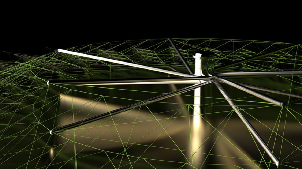 Close-up of a gold starshade CAD model against a black background, with some of the vectors highlighted in green to show the structure.